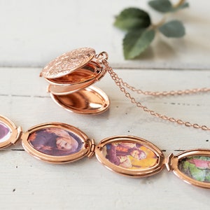 Rose Gold Folding Locket Necklace, Etched Floral Oval Locket with Photos, Personalized Photo Locket, Gift for Mom, Wife, Grandma