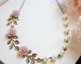 Dusty Pink Rose Cream White Pearl Necklace, Antique Brass Leaf Necklace, Wedding Bridal Jewelry