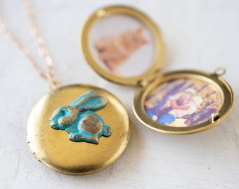 Rabbit Locket Necklace, Bunny Necklace, Customized Jewelry, Personalized Jewelry, Photo Locket, Gift for Her, Vintage Locket, Gift for Girl