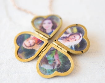 Family Photo Locket Necklace, Gold Brass Clover Necklace, Open Heart Locket Necklace, Family Jewelry, Personalized Gift for Mom Wife