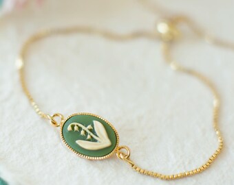 Lily of the Valley Bracelet, 18K Gold Green Cameo Adjustable Bracelet, May Birth Flower, Vintage Inspired Jewelry