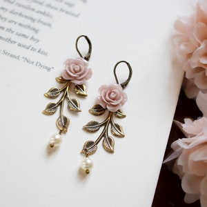 Dusty Pink Rose Earrings, Cream White Pearl Dangle Earrings, Dusty Pink Wedding Jewelry, Flower Girl Gift, Gift for Daughter Sister