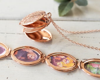 Collier médaillon pliant en or rose, médaillon ovale floral gravé avec photos, médaillon photo personnalisé, cadeau pour maman, femme, grand-mère