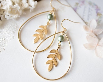 Large Gold Teardrop Hoop Earrings, Leaf Earrings, Sage Green Matte Pearl Earrings, Boho BoHemian Earrings, Nature Inspired, Gift for Women