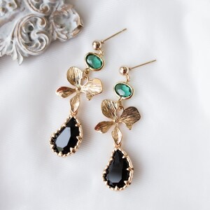 Emerald Green & Black Flower Earrings: Gold Plated Dangle Earrings