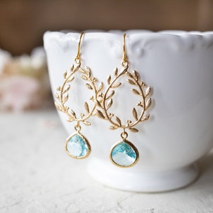 Aquamarine Blue Earrings,  Aqua blue Earrings, Gold Olive Leaf Wreath Earrings, Aqua blue Wedding Bridesmaid Earrings, March Birthstone
