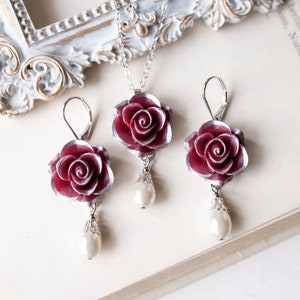 Dark Red Burgundy Rose Flower Cream White Pearl Silver Necklace Earrings Set, Burgundy Maroon Wedding Bridal Jewelry, Bridesmaids Gift