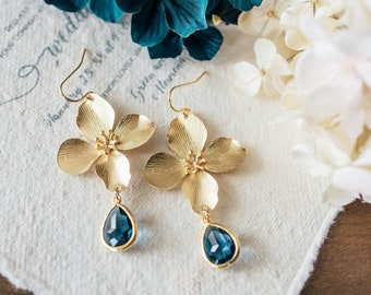 Navy Blue Earrings, Gold Hydrangea Flower Earrings, Navy Blue Wedding Jewelry, Bridesmaid Earrings, Dark Sapphire Blue Crystal  Earrings