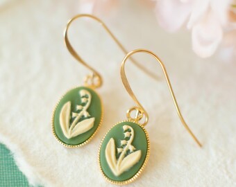 Lily of the Valley Earrings, Green Cameo Botanical Earrings, Vintage Floral Earrings, May Birth Flower