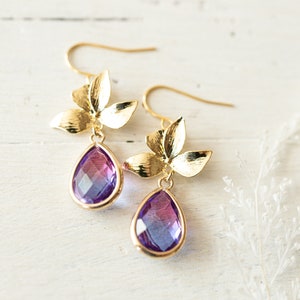 Amethyst Purple Lavender Teardrop Crystal Earrings, Two Tone Jewel Earrings, Gold Flower Dangle Earrings, Purple Wedding Jewelry