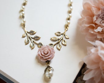 Dusty Pink Rose Necklace, Antiqued Gold Leaf Branch Necklace, Cream White Ivory Pearl Necklace, Dusty Pink Wedding Bridal Necklace