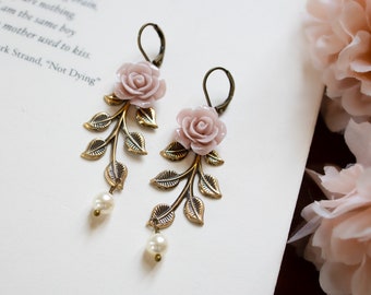 Dusty Pink Rose Dangle Earrings, Brass Leaf, Cream Pearl