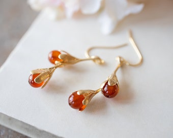 Carnelian Earrings, Gold Flower Bud Earrings, Orange Natural Gemstone Carnelian Jewelry, Fall Autumn Earrings, Birthday Gift for Mom Wife