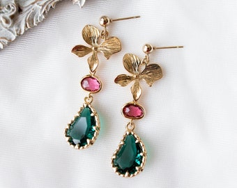 Gold hydrangea Earrings, Emerald Green and Fuchsia Earrings, Flower Dangle Earrings, Dark Green and Hot Pink Earrings, Gift for women mom