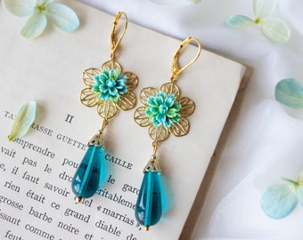 Blue and Green Flower Earrings, Blue Zircon Teardrop Glass Dangle Earrings, Gold Lace Filigree Earrings, Vintage Style Lever back Earrings