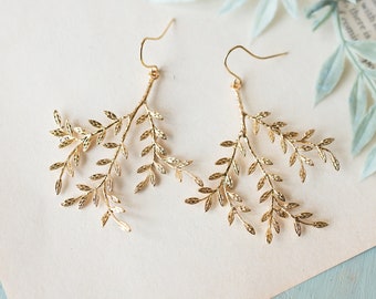 Gold Leaf Branch Earrings, Tree Branch Earrings, Nature Inspired Statement Earrings, Boho Style, Gift for Women Mom Daughter Sister