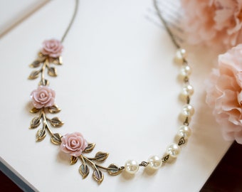 Dusty Pink Rose Necklace, Cream White Pearl Necklace, Dusty Rose Necklace, Antique Gold Brass Leaf Necklace, Gift for daughter sister