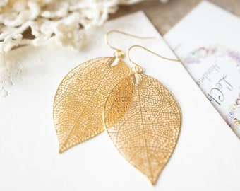 Gold Leaf Earrings, Large Gold Filigree Leaf Earrings, Leaf Jewelry, Woodland Earrings, Bohemian Earrings, Gift for Daughter Mom Sister