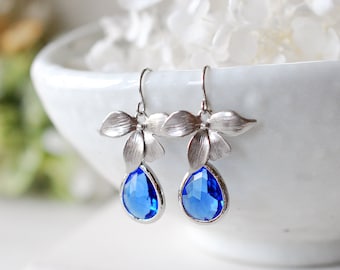 Sapphire Blue Earrings, Silver Flower Earrings, September Birthstone Jewelry, Birthday Gift for Women, Sapphire Blue Wedding Bridesmaid Gift