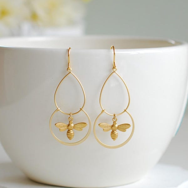 Gouden bijenoorbellen, bijenhangers, kroonluchteroorbellen, bijensieraden, uniek cadeau voor bijenliefhebbers