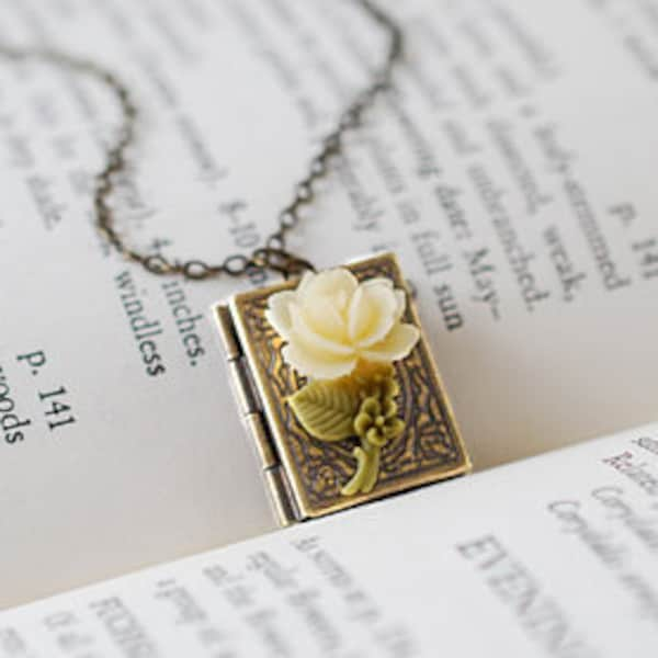 Book Locket Necklace. Antique Brass Book Locket with Ivory Cream Resin Rose, Miniature Book Necklace, Gift for Librarian, Christmas Gift