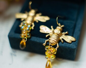 Honey Bee Earrings, Gold Brass Bee Jewelry, Honey Yellow Glass Bead Dangle Earrings, Spring Summer Nature Earrings, Cute Bee Lover Gift