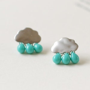 Silver Cloud Blue Raindrop Post Earrings. Matte Silver Plated Clouds Turquoise Blue Czech Glass Beads 925 Sterling Silver Post Earrings