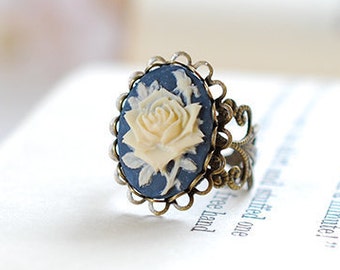 Navy Blue Ivory Rose Cameo Ring, Victorian Style Antique Brass Filigree Adjustable Ring, Cocktail Ring, birthday Gift for her for women