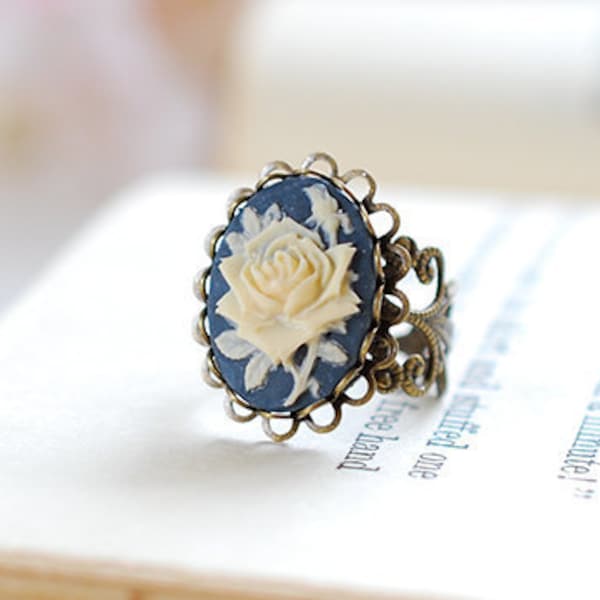 Navy Blue Ivory Rose Cameo Ring, Victorian Style Antique Brass Filigree Adjustable Ring, Cocktail Ring, birthday Gift for her for women