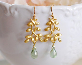 Gold Twig Earrings, Leaf Earrings, Leaf sprig Leaf Branch Dangle Earrings, Mint Green Glass Drop Earrings, Botanical Woodland Jewelry,