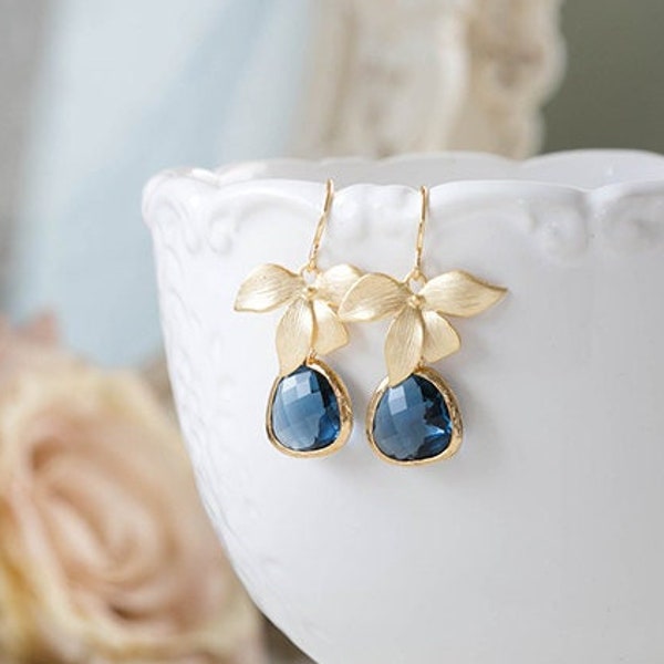 Navy Blue Earrings, Sapphire Blue Earrings with Gold Orchid Flower, Navy Wedding Jewelry, Bridesmaid Earrings, September Birthstone Jewelry