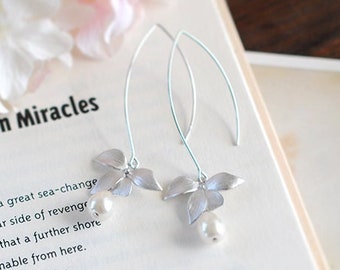 Bridal Earrings Silver Orchid Flower Teardrop Cream Pearls Dangle Earrings Teardrop White Pearl Drop Earrings Wedding Earrings Bridesmaid