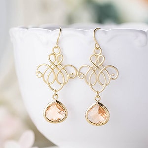 Peach Champagne Earrings, Gold Ornate Filigree Earrings, Blush Wedding Peach Wedding Bridesmaid Earrings, Birthday Gift for women for Her