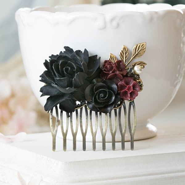 Black Rose Burgundy Dark Red Flowers Hair Comb Black Wedding Bridal Hair Comb Bridesmaid Gift Gothic Wedding Hair Comb Goth Halloween