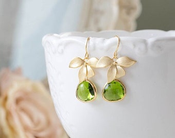 Peridot Green Earrings, August Birthstone Jewelry, August Birthday Gift, Gold Orchid Flower Earrings Green Wedding Earrings, Bridesmaif gift