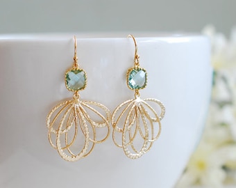 Aqua Blue Earrings in Gold Seafoam Green Dangle Earrings Aqua Wedding Jewelry Bridesmaid Gift March Birthstone Valentines Gift for Her