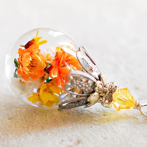 Real Yellow Orange Flower Necklace, November Birthday Birthstone Topaz Necklace, unique gift for Her, Terrarium necklace