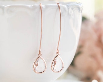 Rose Gold Bridesmaid Earrings, Clear Crystal Drop Earrings, Bridal Earrings, Bridesmaid Gift, April Birthstone, Birthday Gift for women