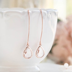 Rose Gold Bridesmaid Earrings, Clear Crystal Drop Earrings, Bridal Earrings, Bridesmaid Gift, April Birthstone, Birthday Gift for women