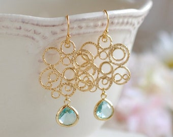 Gold and Blue Earrings, Lace Filigree Aqua Blue Erinite Teardrop Crystal Glass Earrings, Bohemian Chandelier Earrings, Gold Aqua Wedding