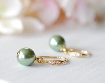 Sage Green Pearl Earrings with Gold Cubic Zirconia hooks, Sage Green Wedding Jewelry, Bridal Party Bridesmaid Gift,  Green drop Earrings