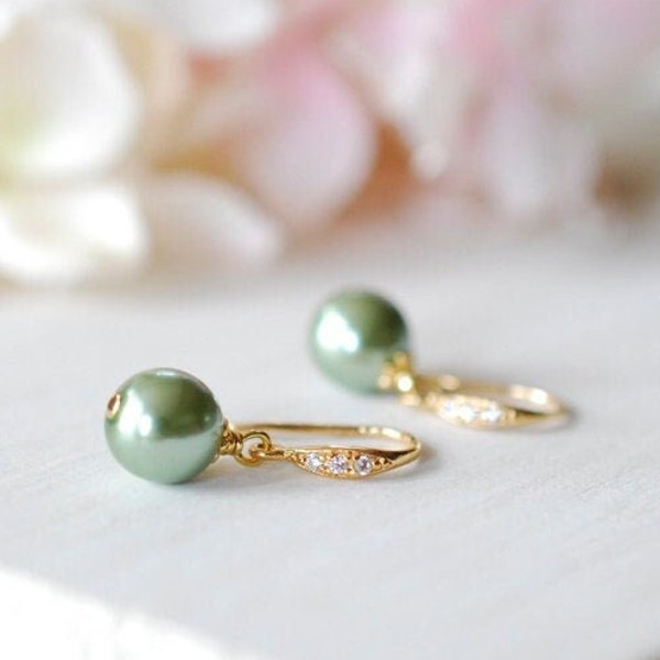 Sage Green Pearl Earrings with Gold Cubic Zirconia hooks, Sage Green Wedding Jewelry, Bridal Party Bridesmaid Gift,  Green drop Earrings