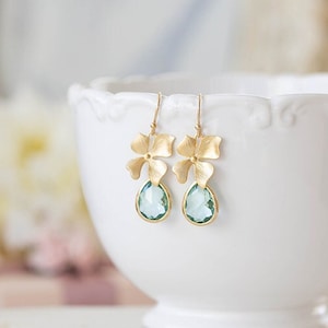 Seafoam Green Earrings, Gold Orchid Flower Aqua Blue Glass Dangle Earrings, Aqua Wedding Bridesmaid Earrings,, Birthday Gift for Her