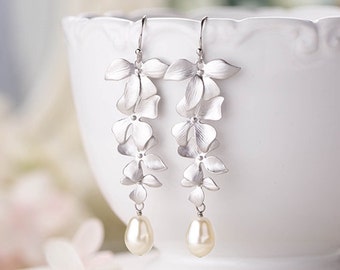 Bridal Earrings,  Silver Orchid Flowers Cream Teardrop Pearls Earrings, Silver Wedding Earrings, Bridal Pearl Earrings, Bridesmaid Earrings