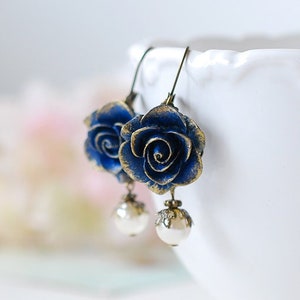 Dark Blue Earrings, Blue Flower with Cream Pearl Earrings, Navy Blue Earrings, Rose Earrings, Something Blue Wedding Bridesmaid Earrings image 1