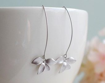 Silver Earrings, Orchid Flower Long Dangle Earrings, Wedding Jewelry, Bridesmaid gift, Bridal Earrings,  Gift for her , Gift for for Mom