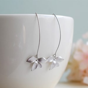 Silver Earrings, Orchid Flower Long Dangle Earrings, Wedding Jewelry, Bridesmaid gift, Bridal Earrings, Gift for her , Gift for for Mom image 1