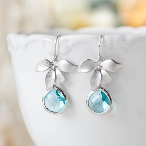 Aqua Blue Earrings, Aqua Wedding Bridesmaid Earrings, Silver Orchid Flower Dangle Earrings, March Birthstone Aquamarine Jewelry