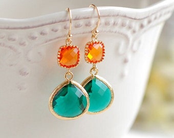 Orange and Emerald Green Earrings, Gold Plated Orange and Large Green Teardrop Glass Dangle Earrings, Wedding Jewelry, Bridesmaid Earrings