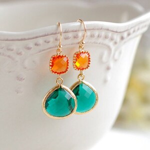 Orange and Emerald Green Earrings, Gold Plated Orange and Large Green Teardrop Glass Dangle Earrings, Wedding Jewelry, Bridesmaid Earrings